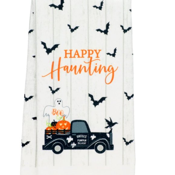 Happy Haunting Halloween Pumpkins bats Oven Mitt Dish Towel Kitchen decor 2p Set - Picture 3 of 10